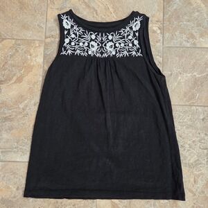 Talbots Petites Black Cotton Boho Tank Top White Floral Embroidery SP